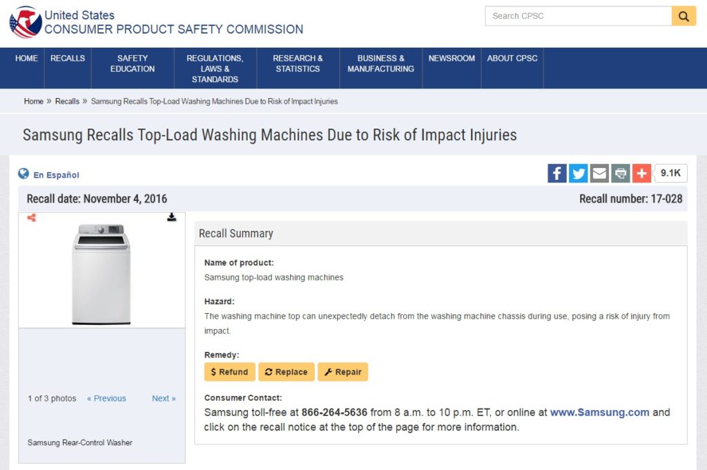 Il "recall" relativo al caso delle lavatrici Samsung (Recall number: 17-028)